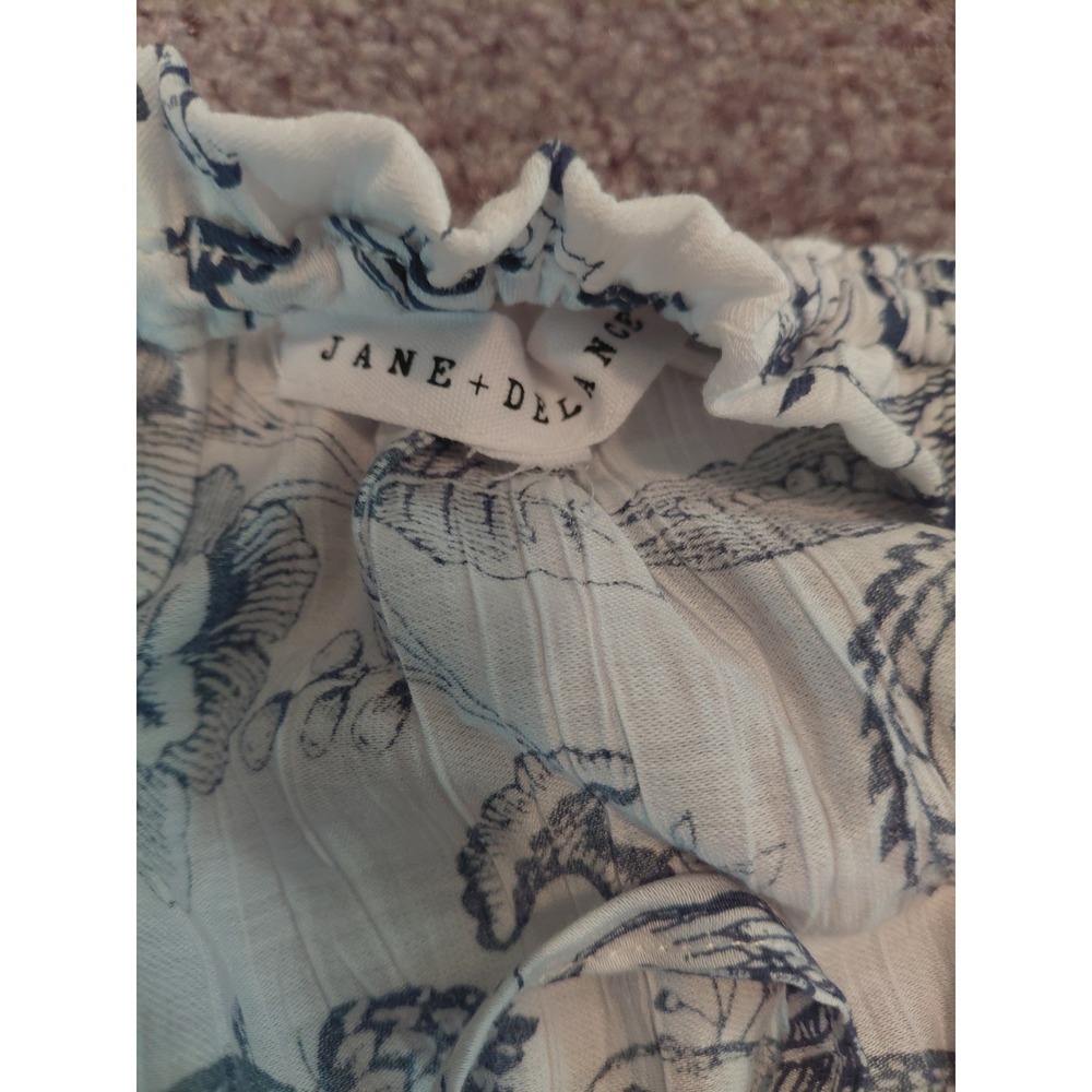 Jane + Delancey Navy White Toile Floral Bird Print Ruffle Neck Blouse Top - Picture 3 of 3